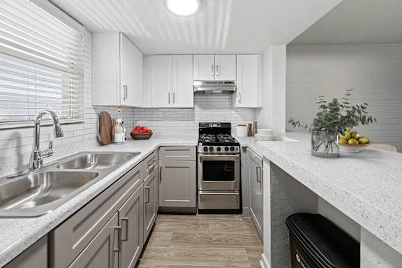 A modern kitchen with a stove, sink, and cabinets.