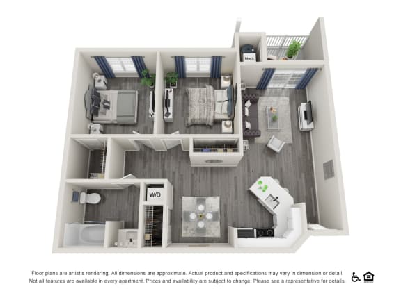 a 3d floor plan of a 1 bedroom apartment  at River Oaks Apartments, West Jordan, Utah