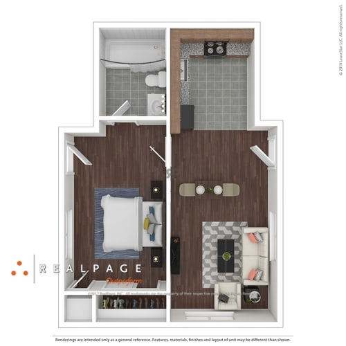 One Bed One Bath Floor Plan at Riverside Apartments, Tempe