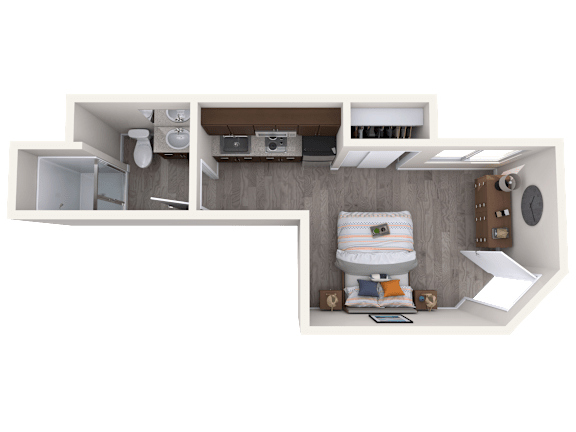A 3D floor plan of a small apartment with a kitchen, living room, and bathroom.