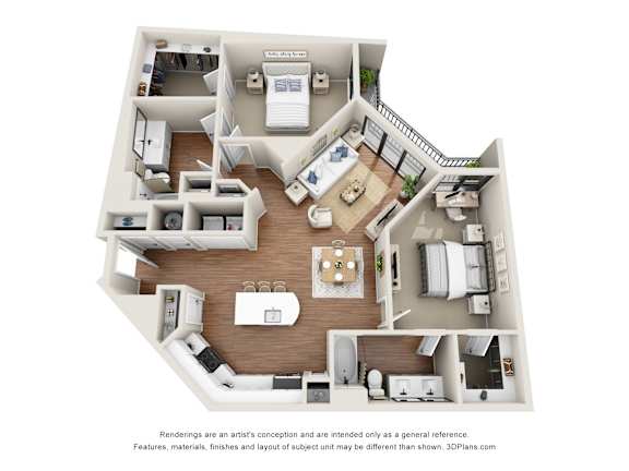 A 3D floor plan of a house with a living room, kitchen, and two bedrooms.