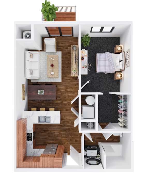 A top-down view of a small apartment with a kitchen, living room, and bedroom.