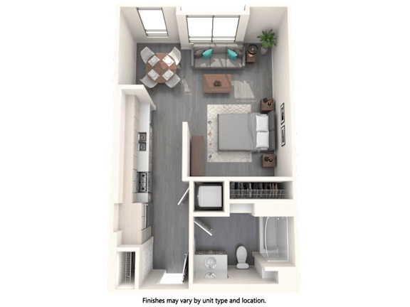 A 3D floor plan of a small apartment with a kitchen, living room, and bathroom.