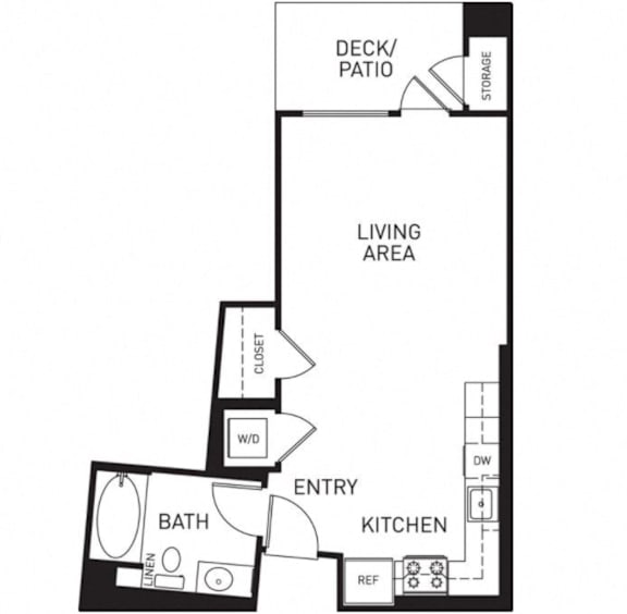 Floor Plan  A floor plan of a house with a deck/patio, living area, entry, kitchen, bath, and closet.