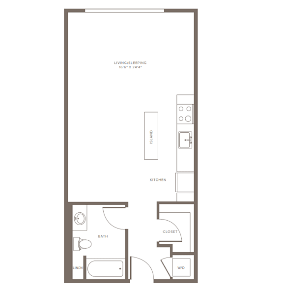 A floor plan of a small apartment with a living area, kitchen, bathroom, and closet.