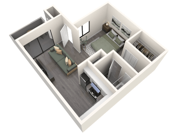 A 3D floor plan of a small apartment with a kitchen, living room, and bedroom.