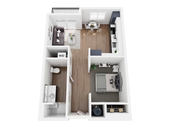 a stylized floor plan with a bedroom and a kitchen