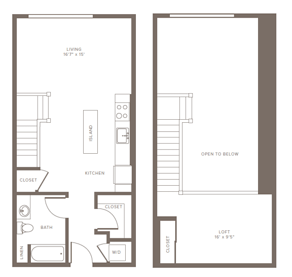 A floor plan of a small apartment with a living room, kitchen, bathroom, and two closets.