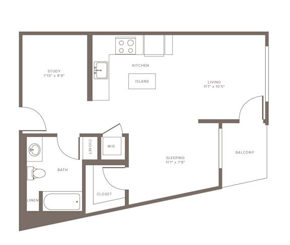 A floor plan of a small apartment with a study, kitchen, living room, bedroom, bathroom, and closet.