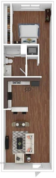 Floor Plan  A small apartment layout with a bed, desk, and kitchenette.