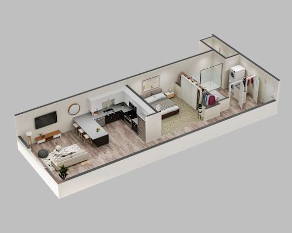 A 3D rendered image of a modern apartment layout.