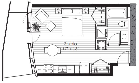 A floor plan of a house with a studio labeled "17'x16'".