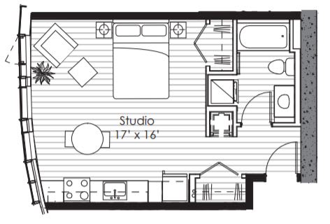 A floor plan of a studio apartment with a living room, kitchen, and bathroom.