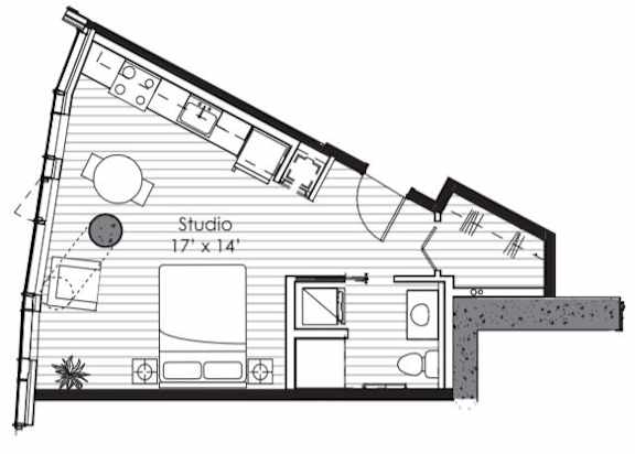 A floor plan of a studio apartment with a studio size of 17 x 14.