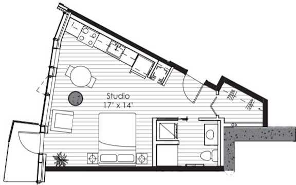 A floor plan of a studio apartment with a bedroom, living room, and kitchen.