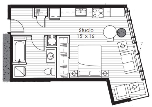 A floor plan of a studio apartment with a kitchen, living room, and bathroom.