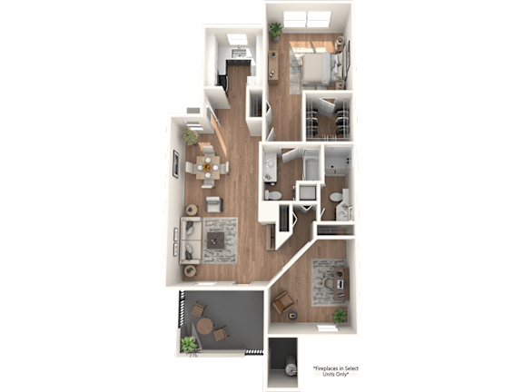 A detailed 3D floor plan of a house layout.