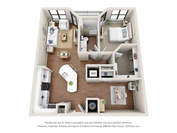 A 3D floor plan of a house with a kitchen, living room, and two bedrooms.