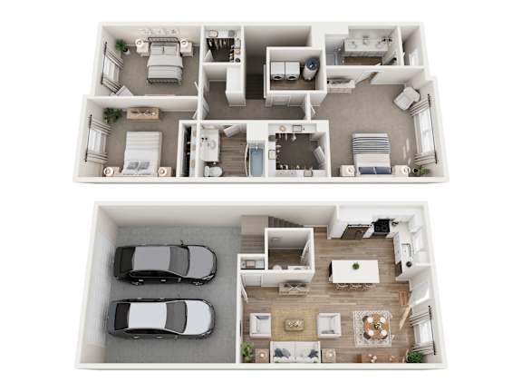A top-down view of a house with two cars parked in the driveway.