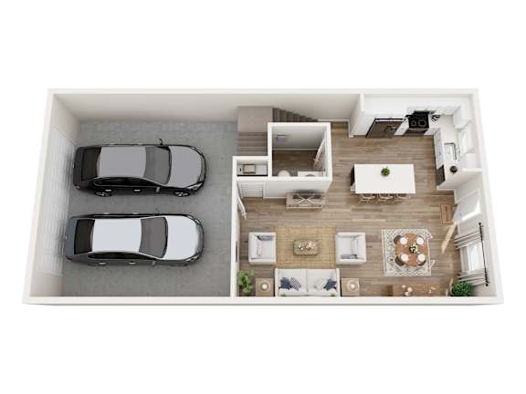 A top-down view of a modern apartment with two cars parked in the garage.