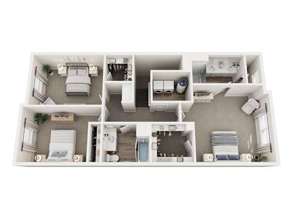 A 3D floor plan of a house with a kitchen, living room, bedrooms, and bathrooms.