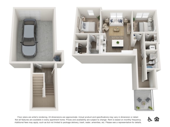 a floor plan of a 3 bedroom apartment with a car in the garage