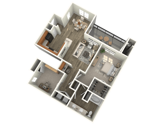 A 3D floor plan of a house with multiple rooms and furniture.