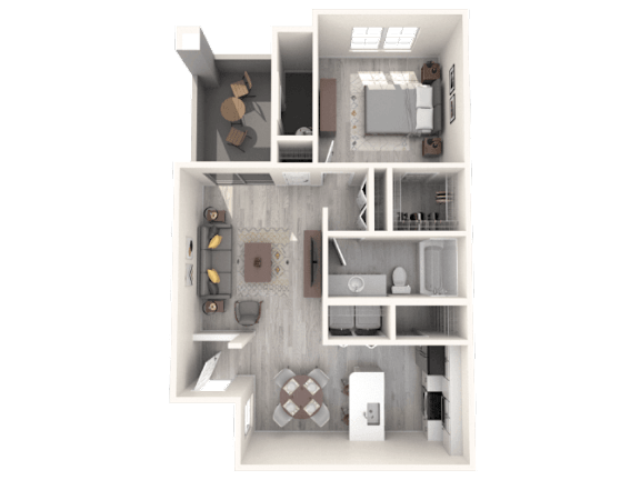 A 3D floor plan of a small apartment with a kitchen, living room, and bathroom.