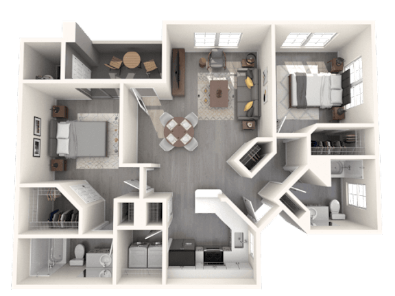A 3D floor plan of a house with a kitchen, living room, and two bedrooms.