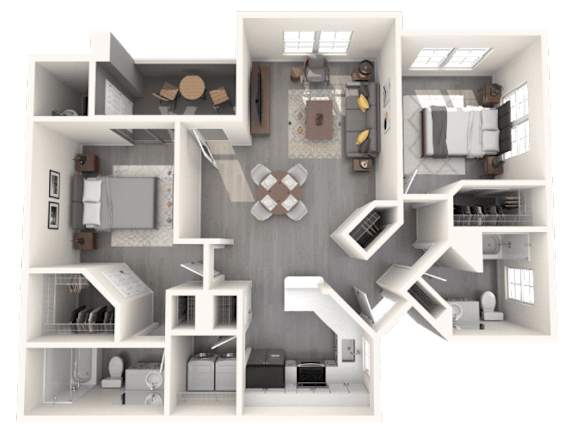 A 3D floor plan of a house with a kitchen, living room, and two bedrooms.
