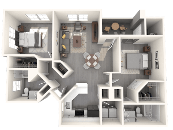 A 3D floor plan of a house with a kitchen, living room, and two bedrooms.