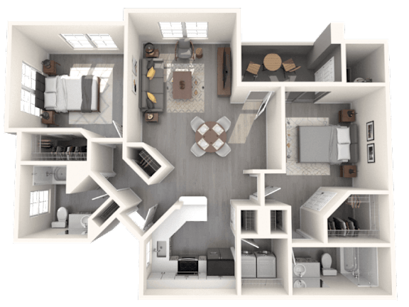 A 3D floor plan of a house with a kitchen, living room, dining room, and bedrooms.