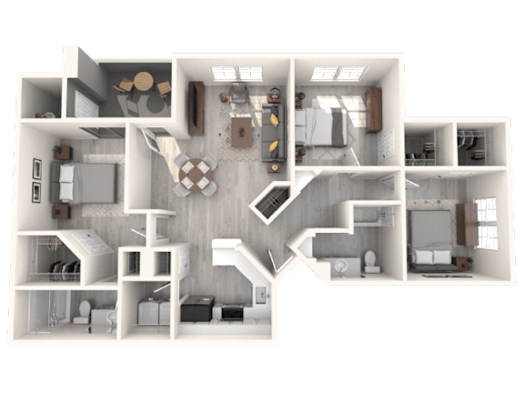 A 3D floor plan of a house with a kitchen, living room, and bedrooms.