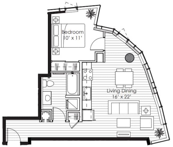 A black and white drawing of a house floor plan with a bedroom and a living dining area.
