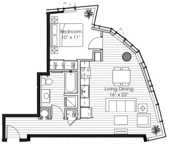 A black and white image of a house floor plan with a bedroom, living dining area, and a kitchen.