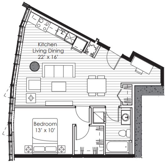 A floor plan of a small apartment with a kitchen, living room, and bedroom.