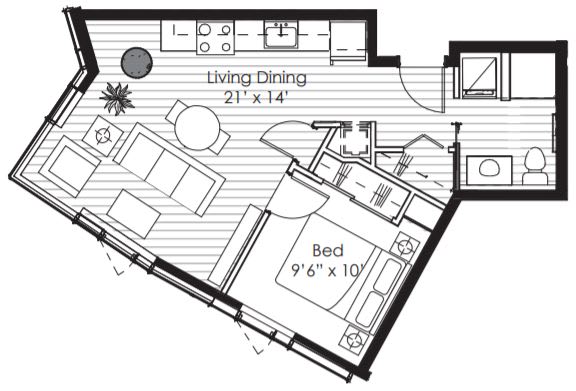 A black and white floor plan of a living space with a dining area and a bed.