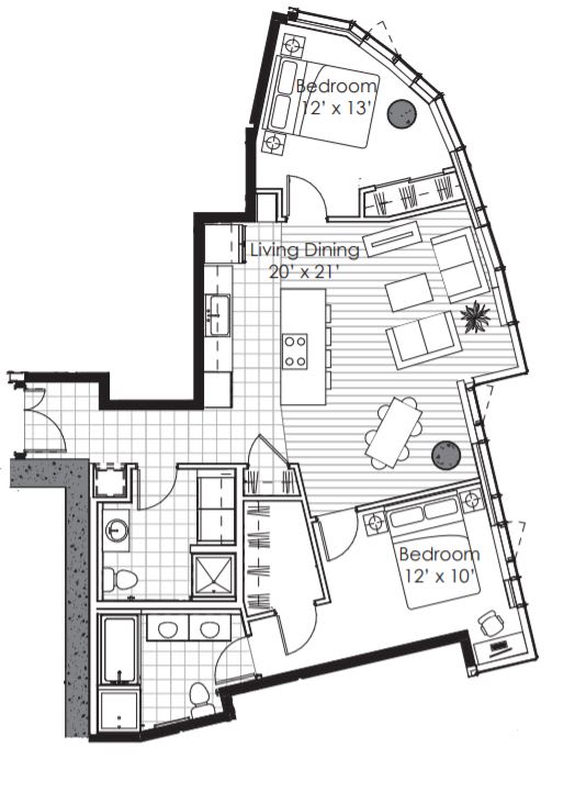 A black and white image of a house floor plan with a living dining area and three bedrooms.
