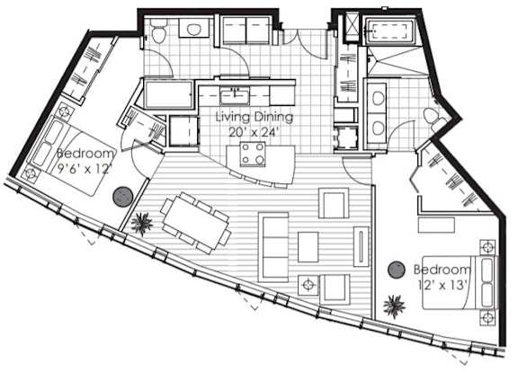 A black and white floor plan of a house with a living dining area and two bedrooms.