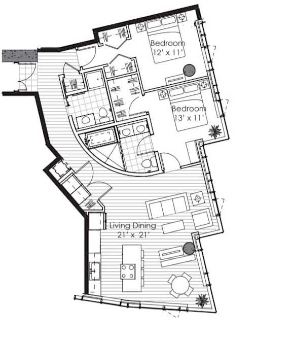 A black and white image of a house floor plan with two bedrooms, a living room, and a dining area.