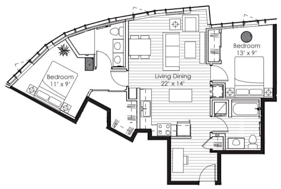 A black and white image of a house floor plan with two bedrooms, a living room, and a dining area.