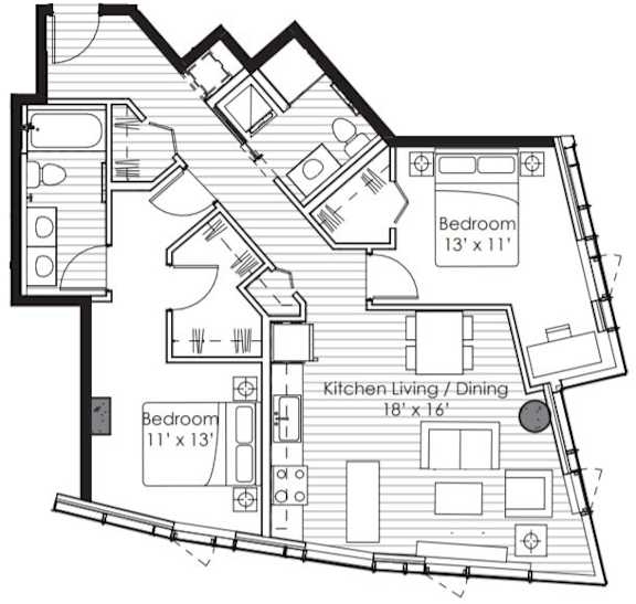 A black and white image of a house floor plan with two bedrooms and a kitchen living/dining area.
