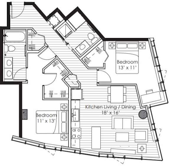 A black and white image of a house floor plan with two bedrooms and a kitchen living/dining area.