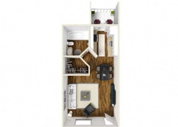 A small apartment with a kitchen and a bathroom.
