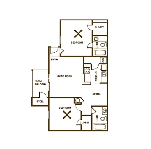 A floor plan of a home with two bedrooms, a living room, a dining room, a closet, a bathroom, a pantry, a storeroom and a patio balcony.
