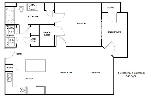 A black and white image of a floor plan for a one bedroom, one bathroom apartment.