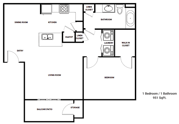 A floor plan of a one bedroom apartment with a balcony.
