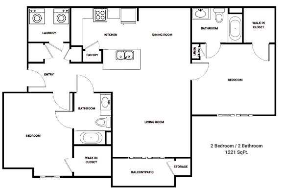 A black and white image of a floor plan for a 2 bedroom / 2 bathroom apartment.