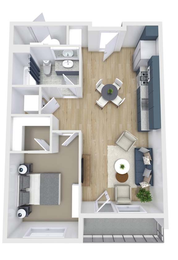 A top down view of a small apartment with a kitchen, living room, and bathroom.