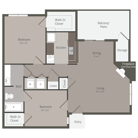 A floor plan of a two-bedroom apartment with a living room, kitchen, and bathroom.